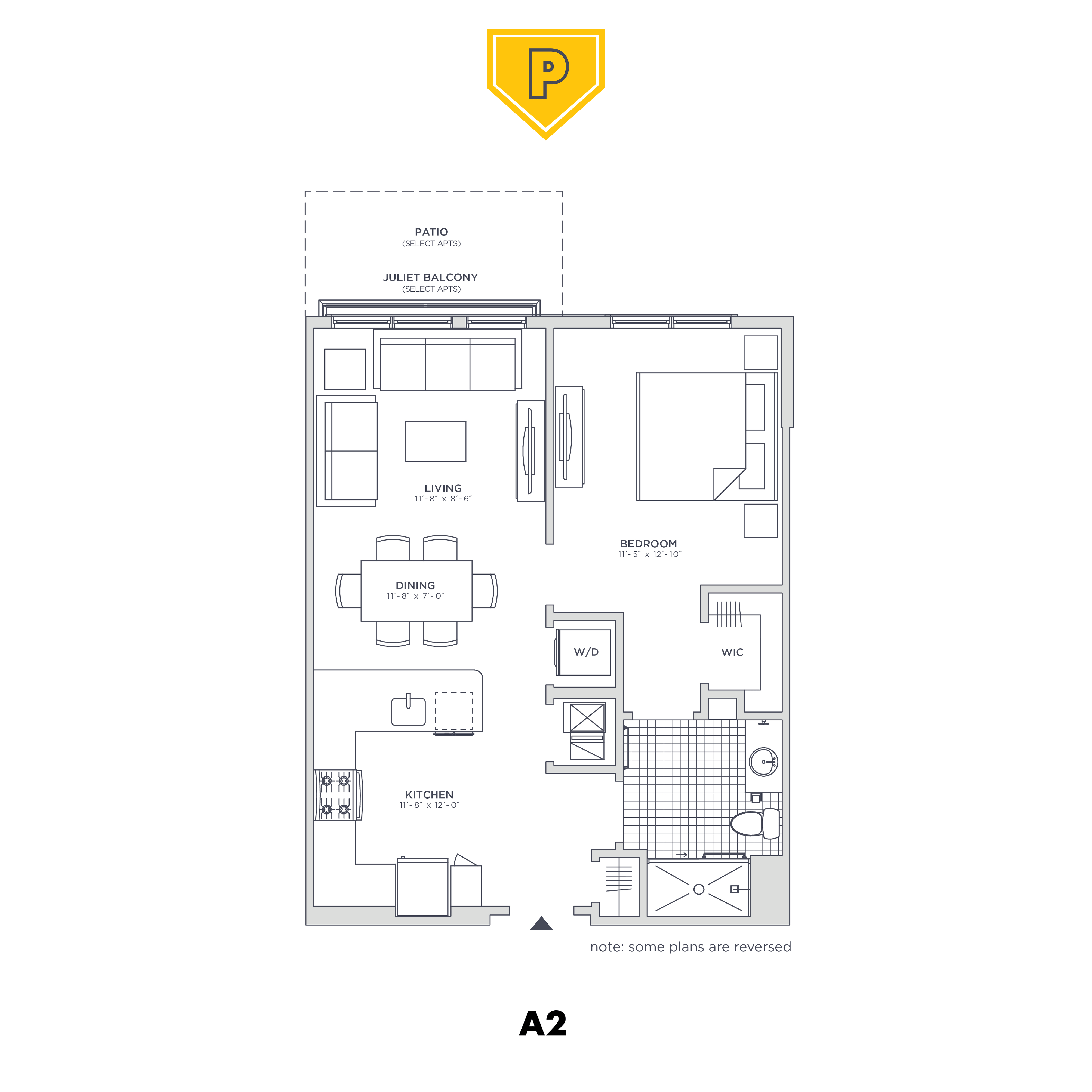 Floor plan for 1 bed, 1 bath, 715 sqft